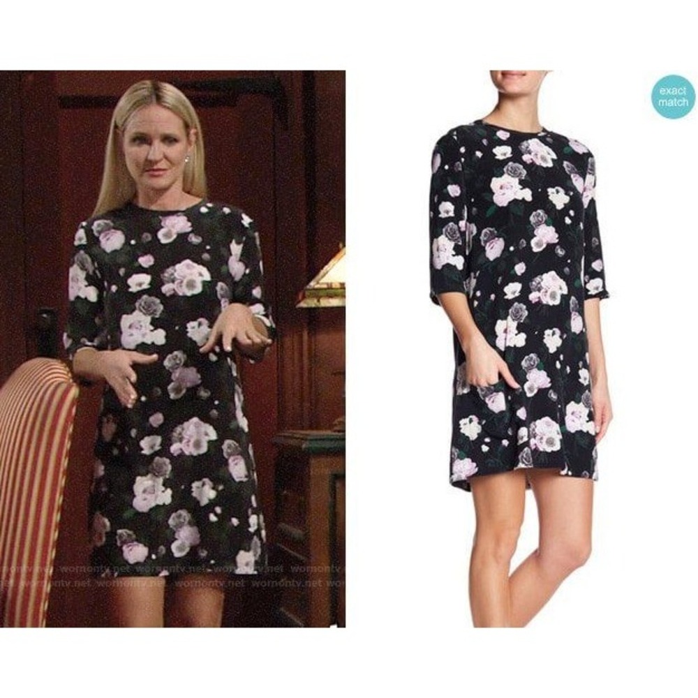 Equipment Femme 100% Silk Mini Dress Womens L Black Floral‎ Shift Short Sleeve